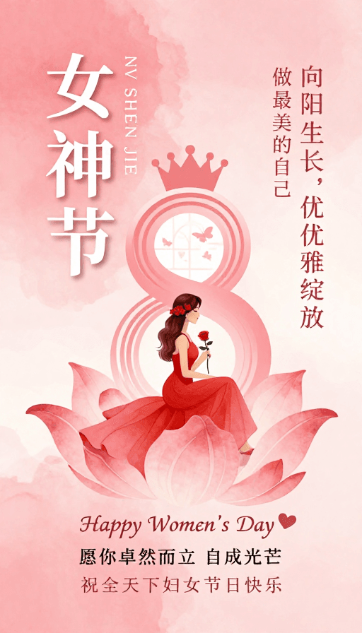 女性力量素材：粉色渐变水彩女神节海报：柔美与力量并存