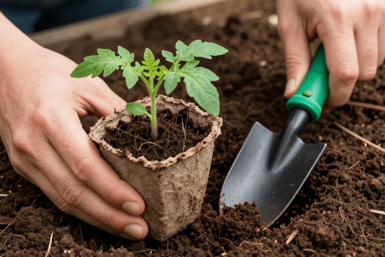 双手劳作素材：双人手植番茄苗：泥土与绿意的自然摄影