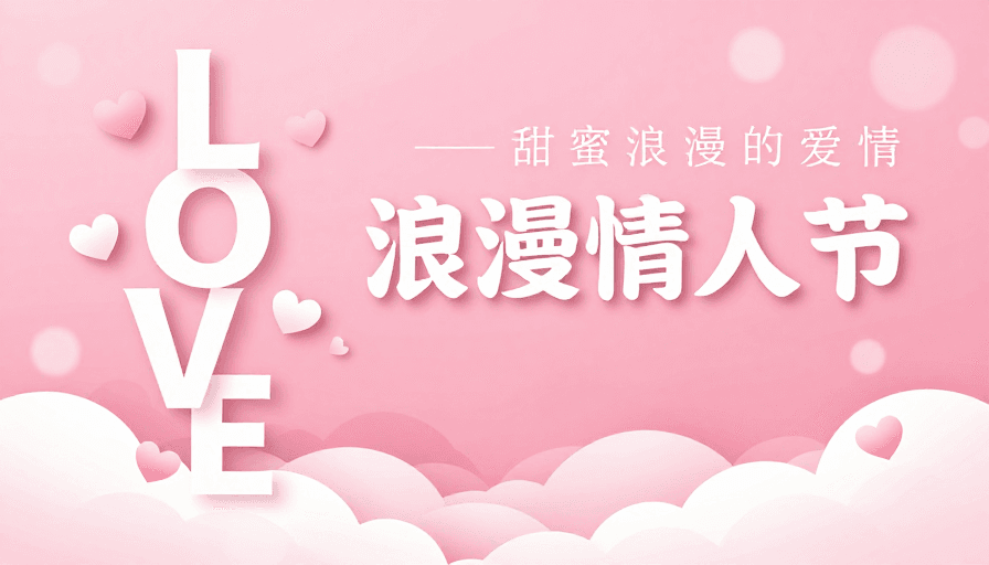 粉色系素材：粉色梦幻情人节海报：立体文字与云朵爱心设计