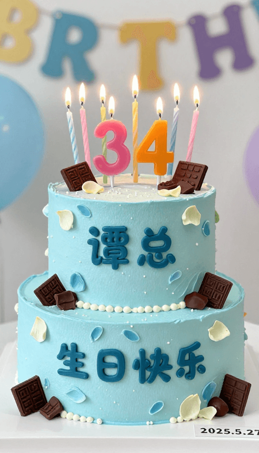 创意插画素材：谭总34岁生日快乐 海蓝色派对蛋糕插画