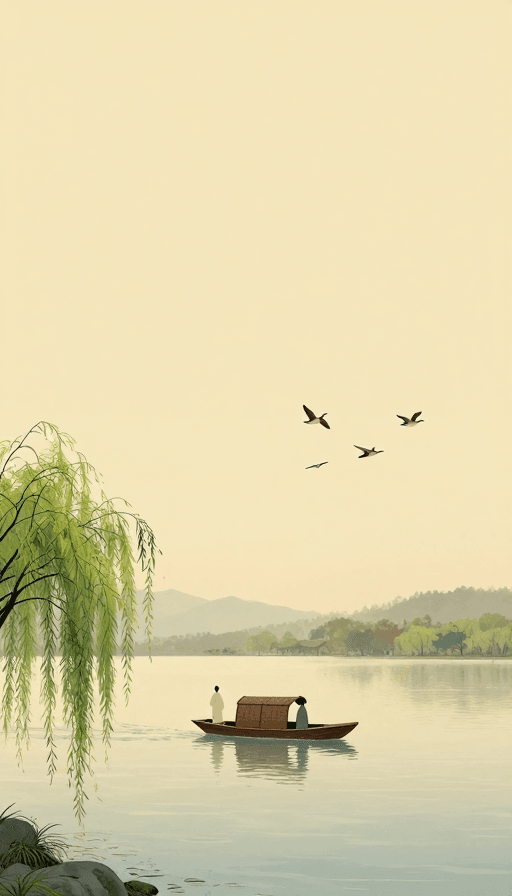 纯色背景素材：古韵诗画：纯背景下的湖畔诗意