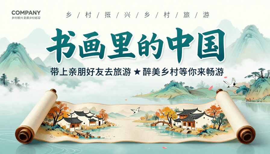 水墨晕染素材：青绿山水画卷·书画里的中国文旅宣传海报