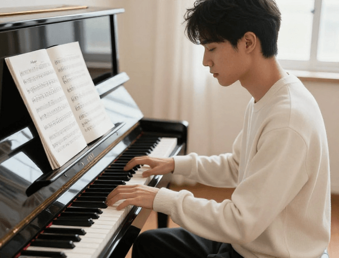 侧逆光摄影素材：专注的钢琴演奏：温暖光影下的音乐瞬间