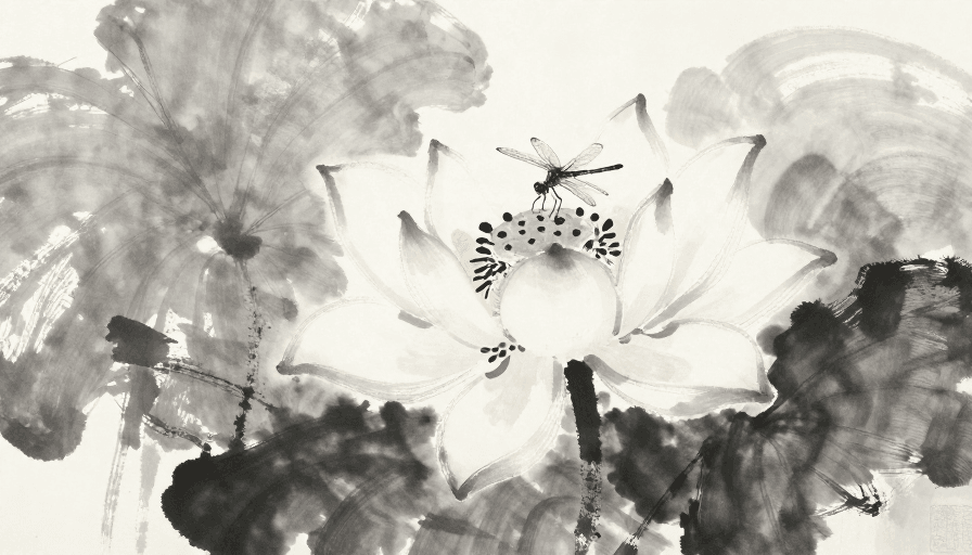 中国风插画素材：水墨粉彩荷塘：清荷蜻蜓，留白意境