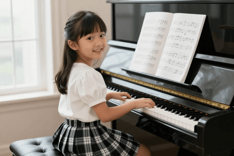 侧逆光素材：亚洲少女钢琴侧影：音乐教育的优雅瞬间