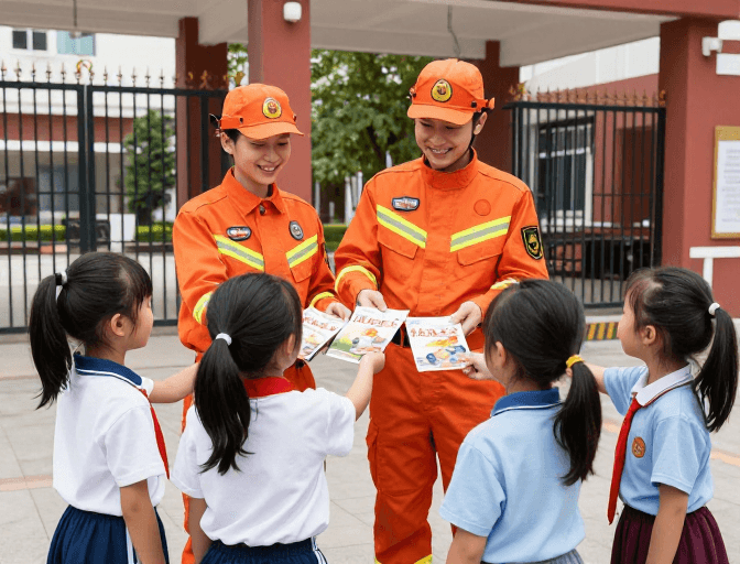 公益宣传素材：消防员向小学生传递消防安全知识