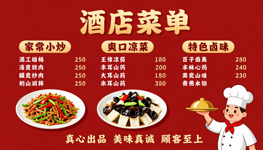 喜庆红色背景素材：金红配色中式喜庆酒店菜单设计