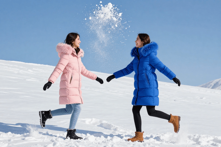 冬季运动素材：冬日雪景中两位少女嬉戏的动感瞬间