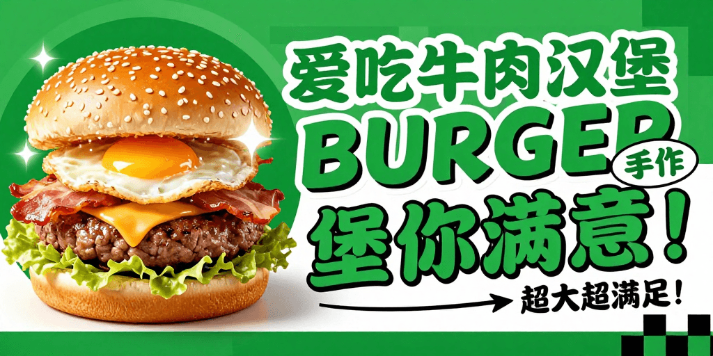 广告横幅素材：绿色手作牛肉汉堡：街头潮流美食海报