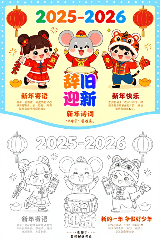 手绘风格素材：春节双联贺岁插画：童真涂色与新春祝福
