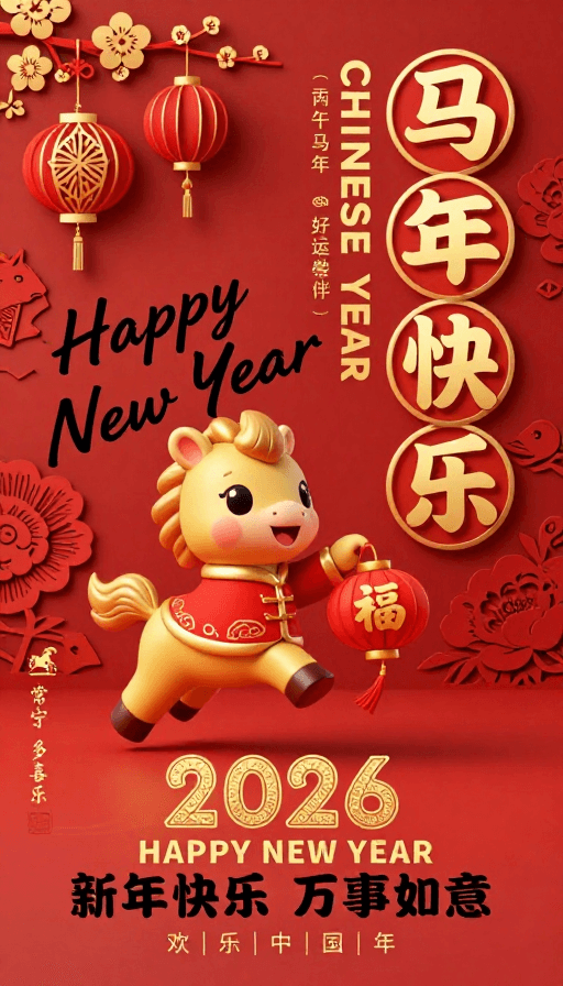 传统纹样素材：金红小马贺新年：传统中国风3D插画海报