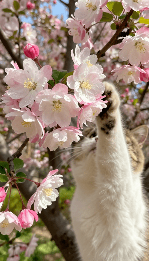 海棠花素材：阳光下的缤纷海棠簇拥着俏皮猫咪