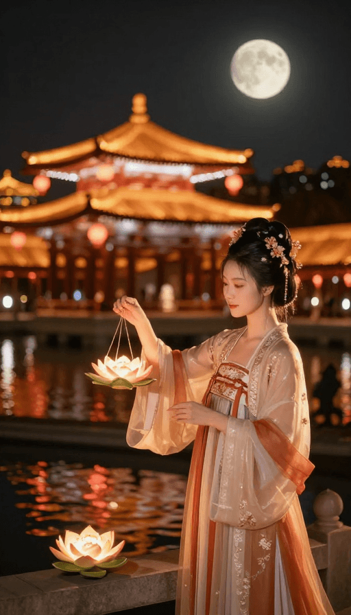 湖畔祈愿素材：月华如梦，灯影祈福：大唐不夜城女子湖畔祈愿图