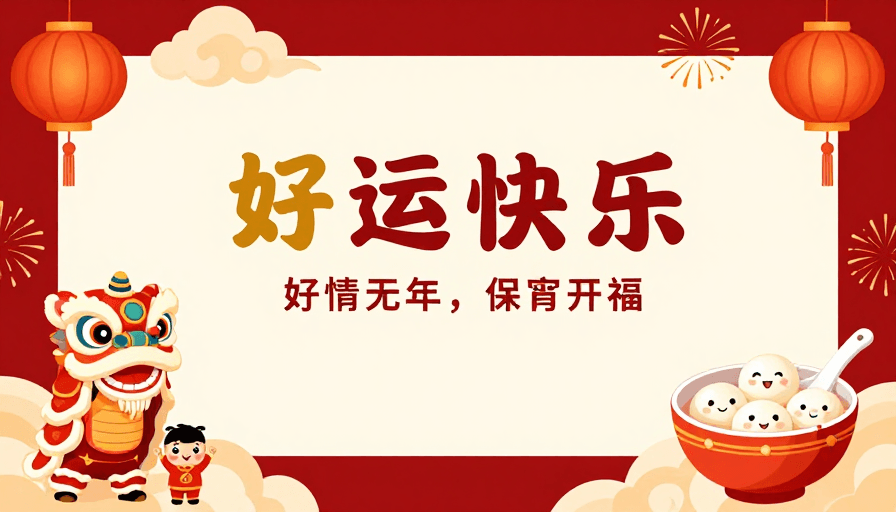 春节插画素材：喜庆春节插画：舞狮与汤圆点缀的团圆年