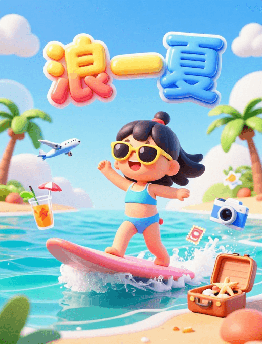海滩度假素材：3D卡通夏日狂欢：快乐冲浪少女的梦幻海滩之旅