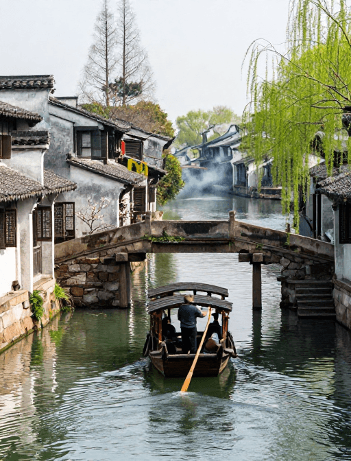 旅游摄影素材：水墨江南：摇橹船划过青石板桥的宁静岁月