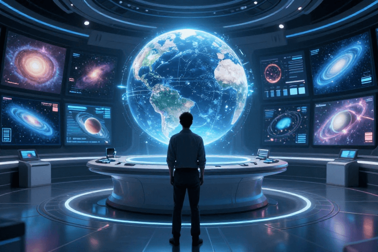 宇宙景观素材：未来科技凝视：蓝调宇宙背景下的神秘男性