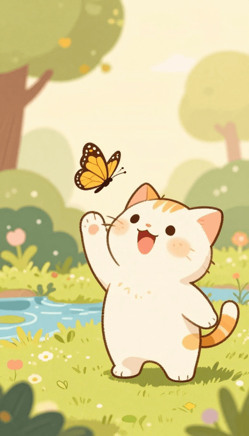 童趣绘本素材：温馨童趣：聪明小猫捕捉蝴蝶的可爱瞬间