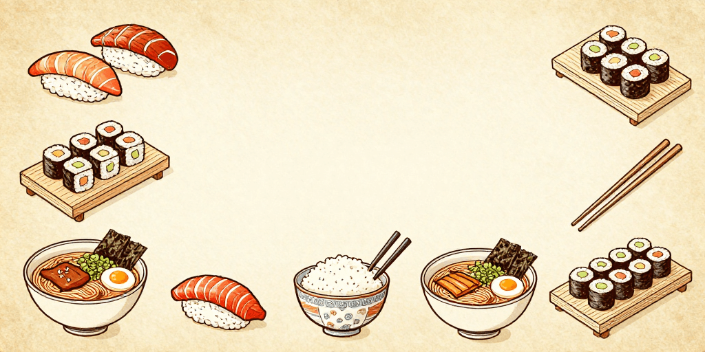 复古纹理素材：复古日式料理留白插画，寿司拉面环绕构图
