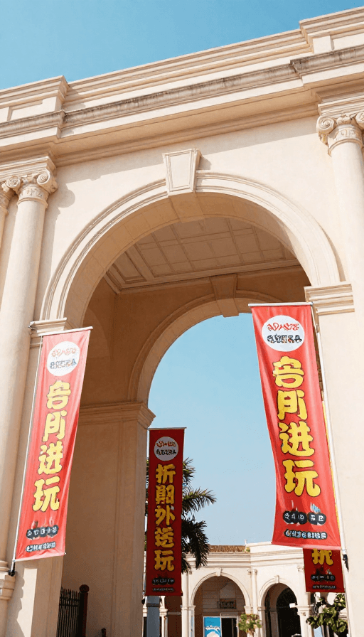 城市风光素材：阳光拱门促销场景，活力商业氛围