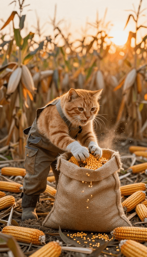 拟人化动物素材：拟人橘猫丰收装玉米：黄昏暖光田野动态瞬间