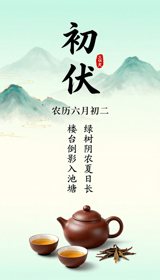 茶道文化素材：初伏·青绿水墨海报：节气雅韵与茶禅意境