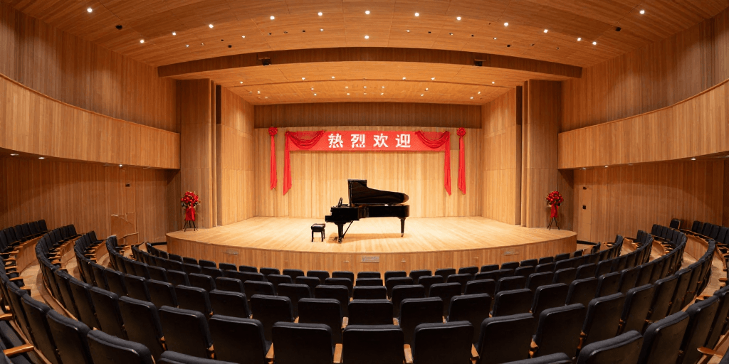 温暖光影素材：现代音乐厅全景：温暖光影下的艺术盛宴
