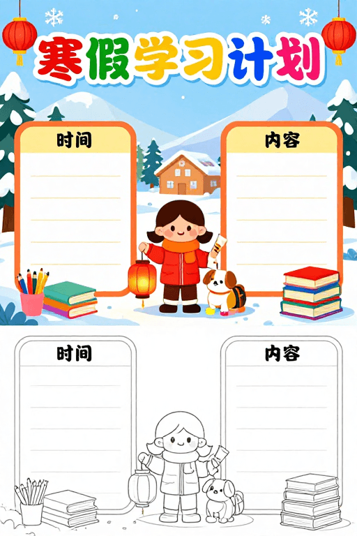 涂色练习素材：童趣寒假学习手绘海报：色彩缤纷规划锦囊