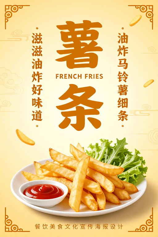 中式设计素材：暖黄渐变中式薯条海报：融合传统与现代的东方食欲盛宴