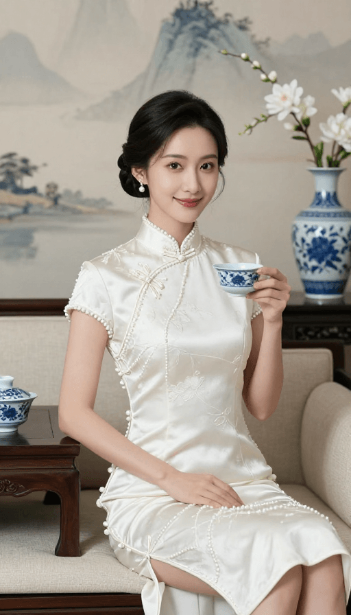 人文摄影素材：中式雅致：青花与旗袍的优雅邂逅