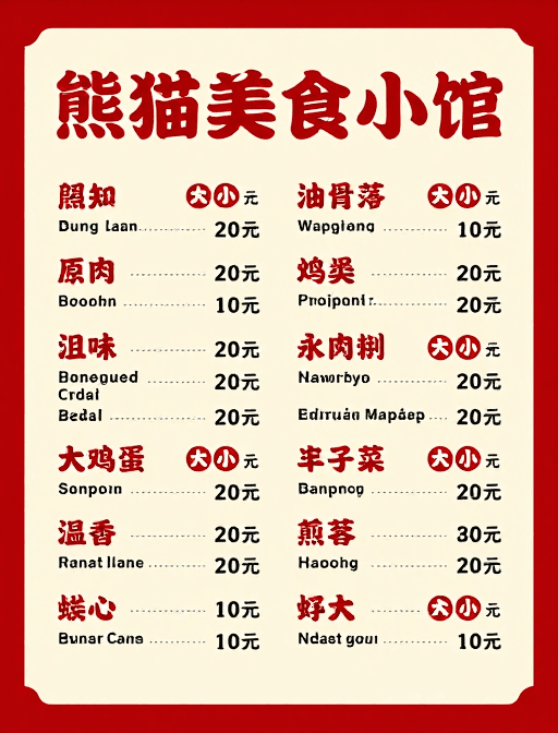 中式设计素材：熊猫美食馆中式价目表设计：红金配色门店展示