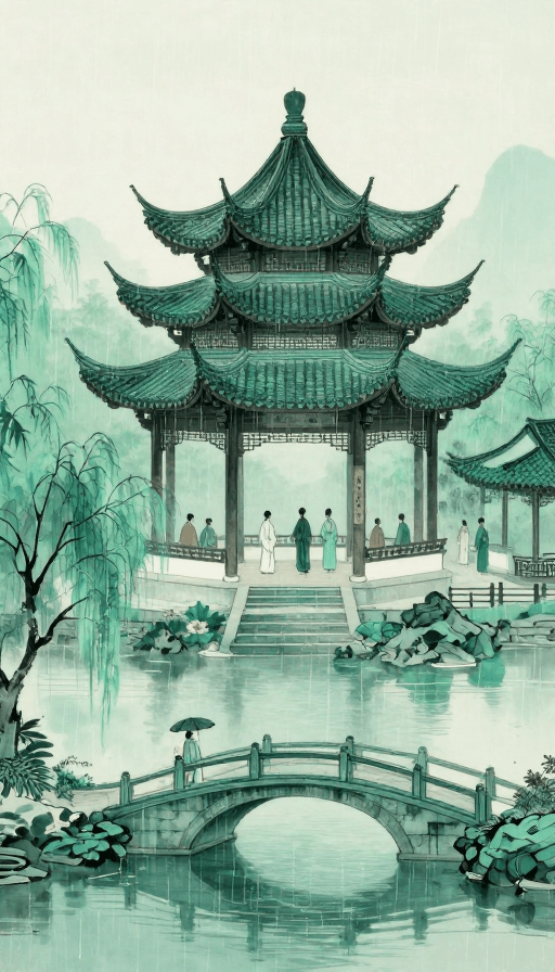 古建筑素材：烟雨江南·古朴亭阁：中式水墨意境图