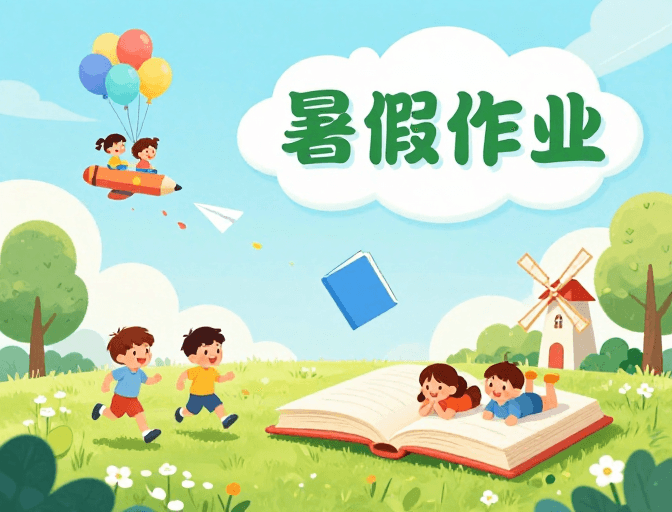 童趣氛围素材：清新夏日童趣插画：暑假作业快乐时光