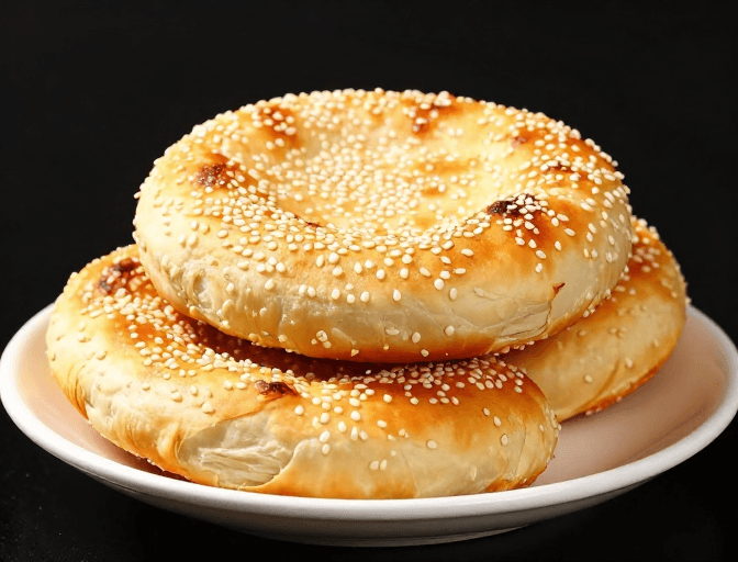 白瓷盘素材：暖黄光影下的酥脆芝麻烧饼