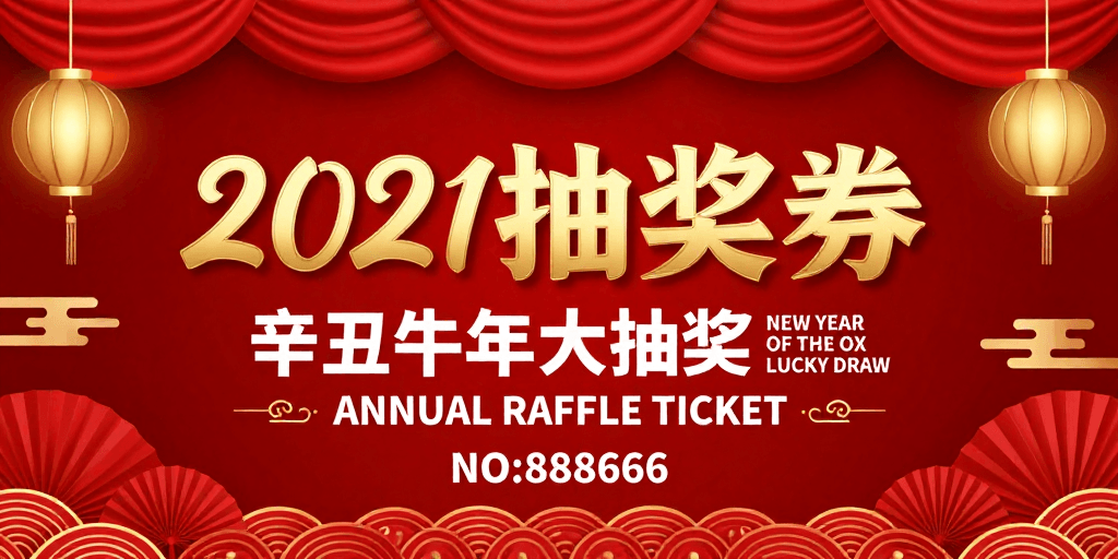 新年抽奖素材：2021辛丑牛年红色喜庆中国风抽奖券海报