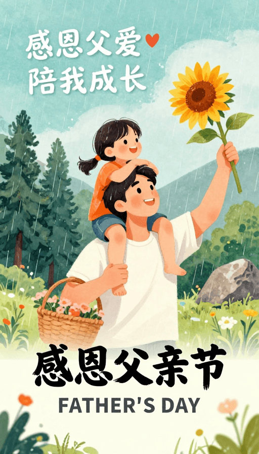 插画艺术素材：温馨治愈水彩父爱插画海报 父亲节主题