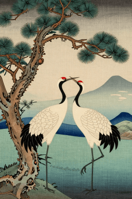 浮世绘素材：浮世绘仙鹤与松柏：古典宁静之美