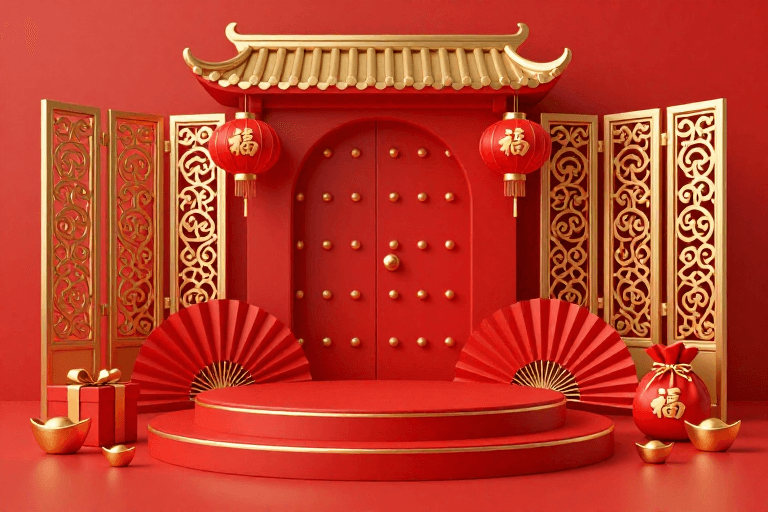 红色礼盒素材：红金喜庆中国风3D场景展示图