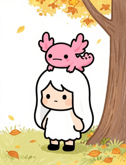 童趣素材：秋日童话：可爱卡通男孩与害羞粉axolotl的温馨彩铅画