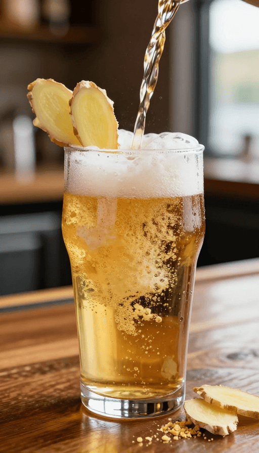 自然光拍摄素材：微距生姜啤酒：金黄泡沫邂逅温热木吧
