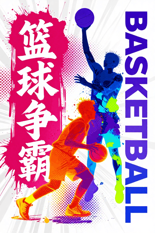 运动海报素材：活力撞色街头篮球争霸：水墨波点融合海报