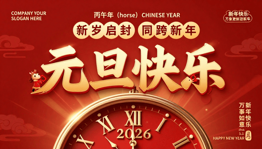 2026跨年素材：喜庆中国风元旦海报，双马上演新年祝福