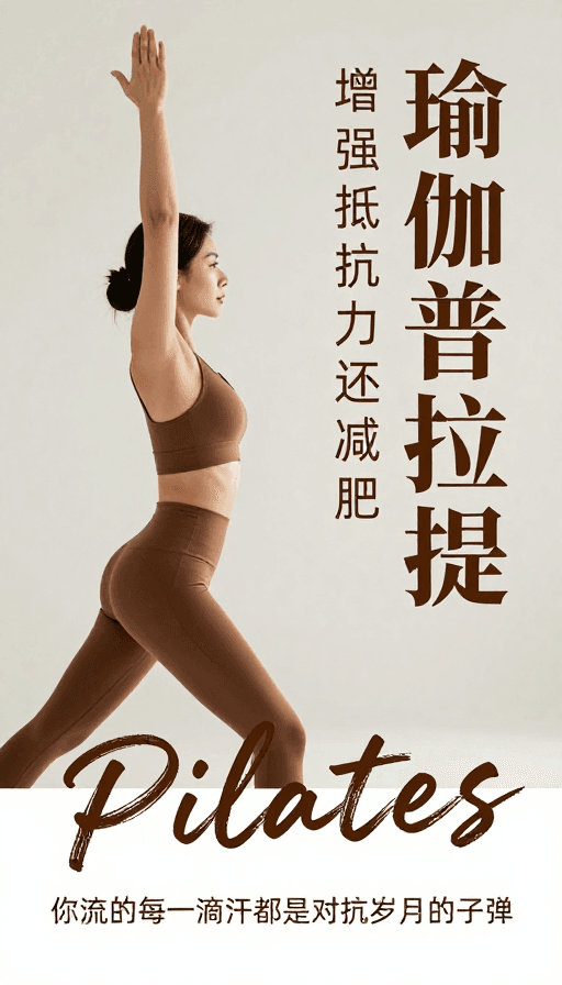 瑜伽普拉提素材：极简风瑜伽普拉提海报，暖棕色调展现高级宁静感