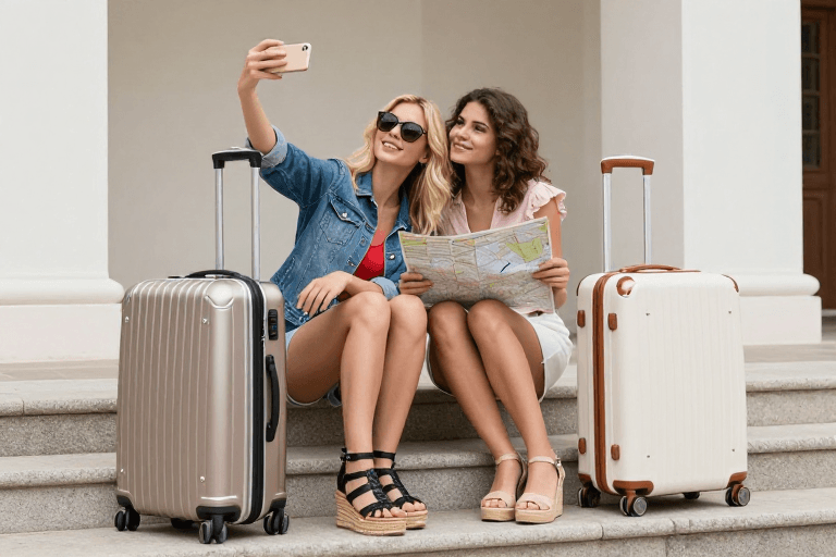 高端摄影素材：双人旅拍：现代石阶上的时尚邂逅