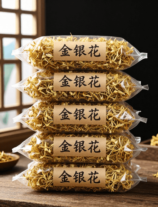 金银花包装素材：透明袋金银花包装实拍，深色桌面配瀑布山景