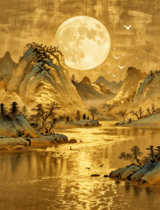 金箔岩彩素材：金箔映月：工笔山水的静谧与华彩