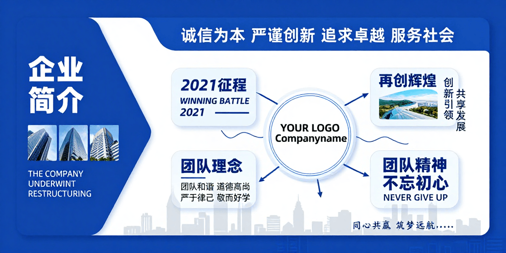 中英双语排版素材：蓝色科技商务企业重构宣传海报