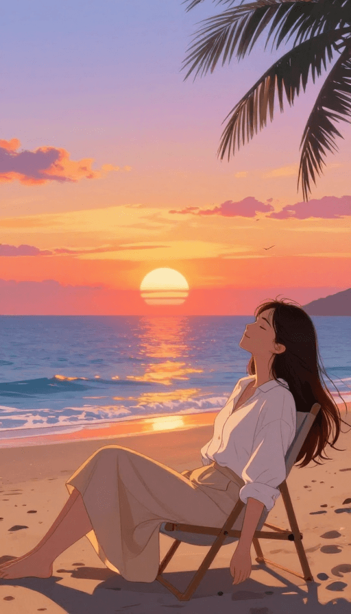 动漫插画素材：落日余晖下的静谧休憩：治愈系动漫插画