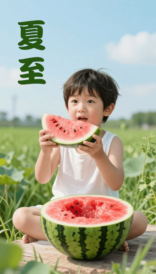 社交媒体素材素材：超现实夏日写生：孩童与西瓜的夏至奇境