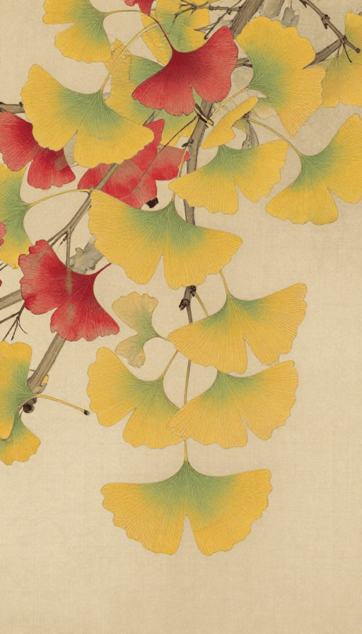 立体感素材：秋日银杏工笔画：色彩斑斓的深秋意境